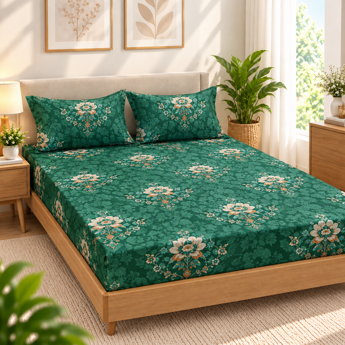 Cotton 300 TC Sateen Green Colour Bedsheet Set for King Size – Soft, Durable & Long-Lasting