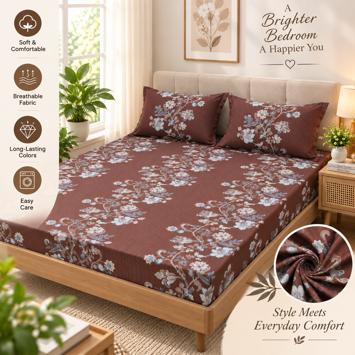 Cotton 300 TC Sateen Brown Colour Bedsheet Set for King Size – Soft, Durable & Long-Lasting