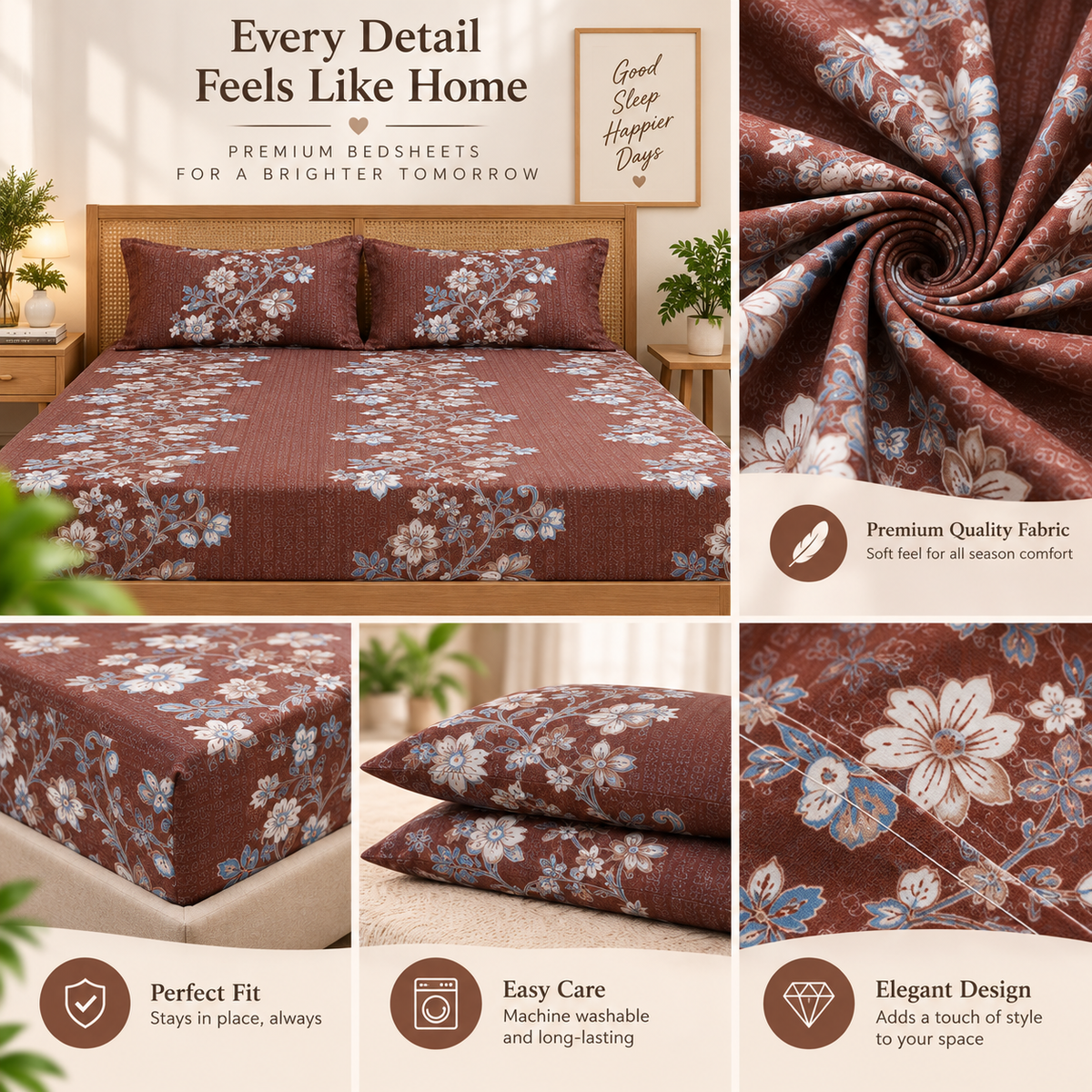 Cotton 300 TC Sateen Brown Colour Bedsheet Set for King Size – Soft, Durable & Long-Lasting