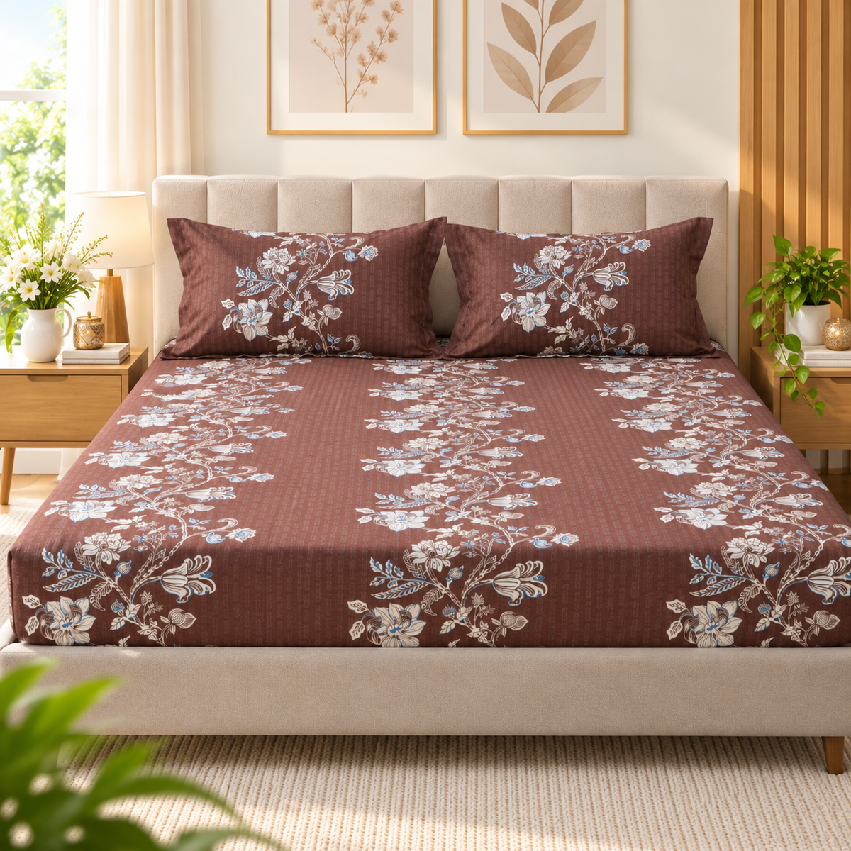Cotton 300 TC Sateen Brown Colour Bedsheet Set for King Size – Soft, Durable & Long-Lasting