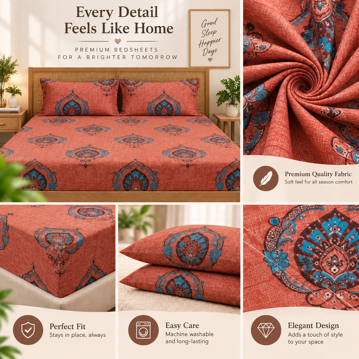 Cotton 300 TC Sateen Coral Pink Colour Bedsheet Set for King Size – Soft, Durable & Long-Lasting