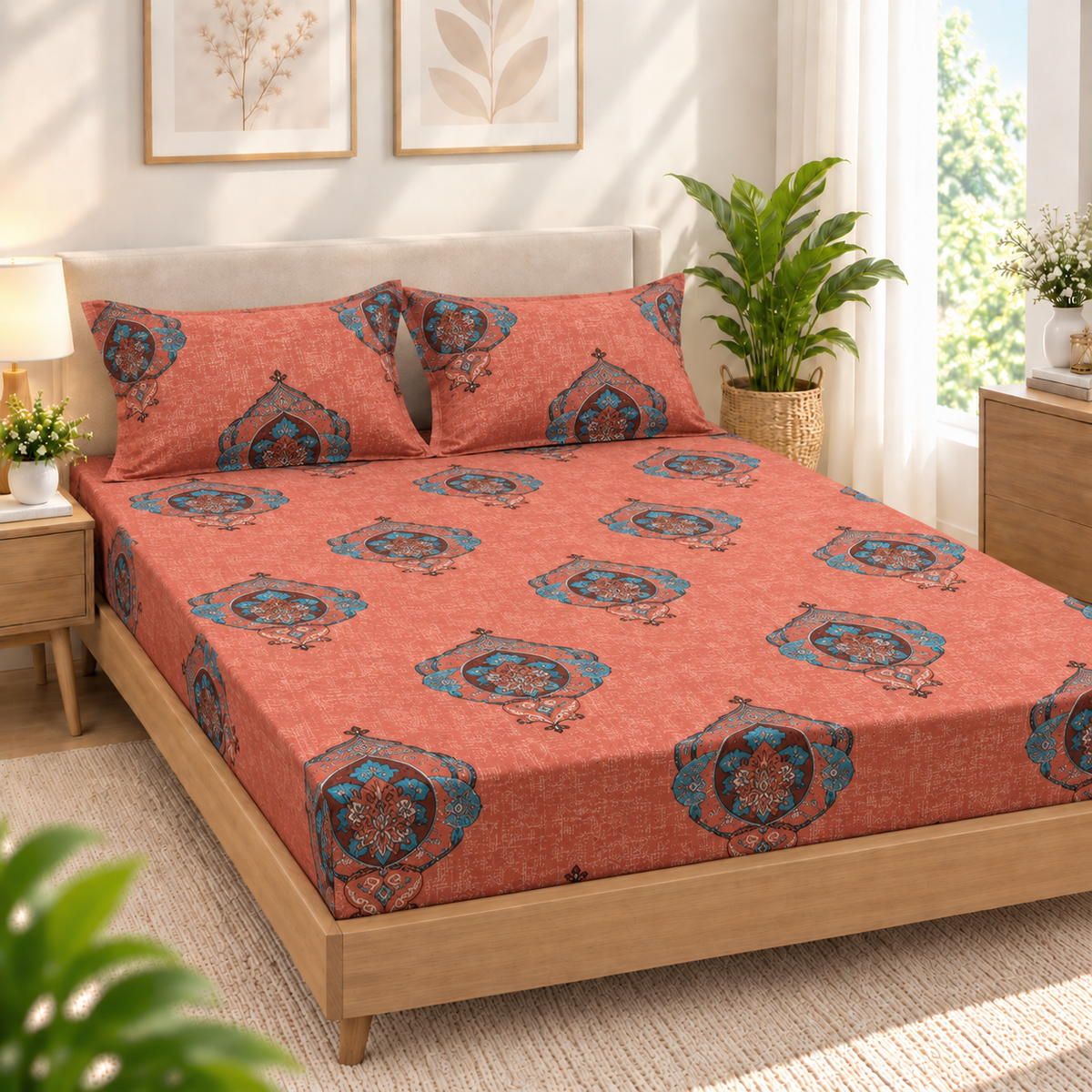 Cotton 300 TC Sateen Coral Pink Colour Bedsheet Set for King Size – Soft, Durable & Long-Lasting