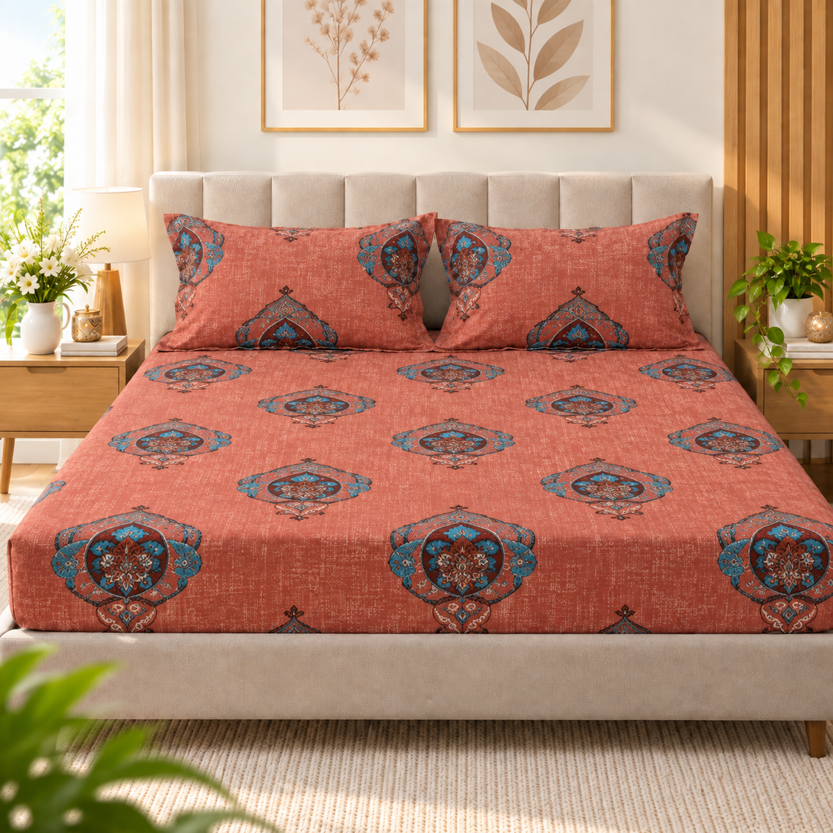 Cotton 300 TC Sateen Coral Pink Colour Bedsheet Set for King Size – Soft, Durable & Long-Lasting