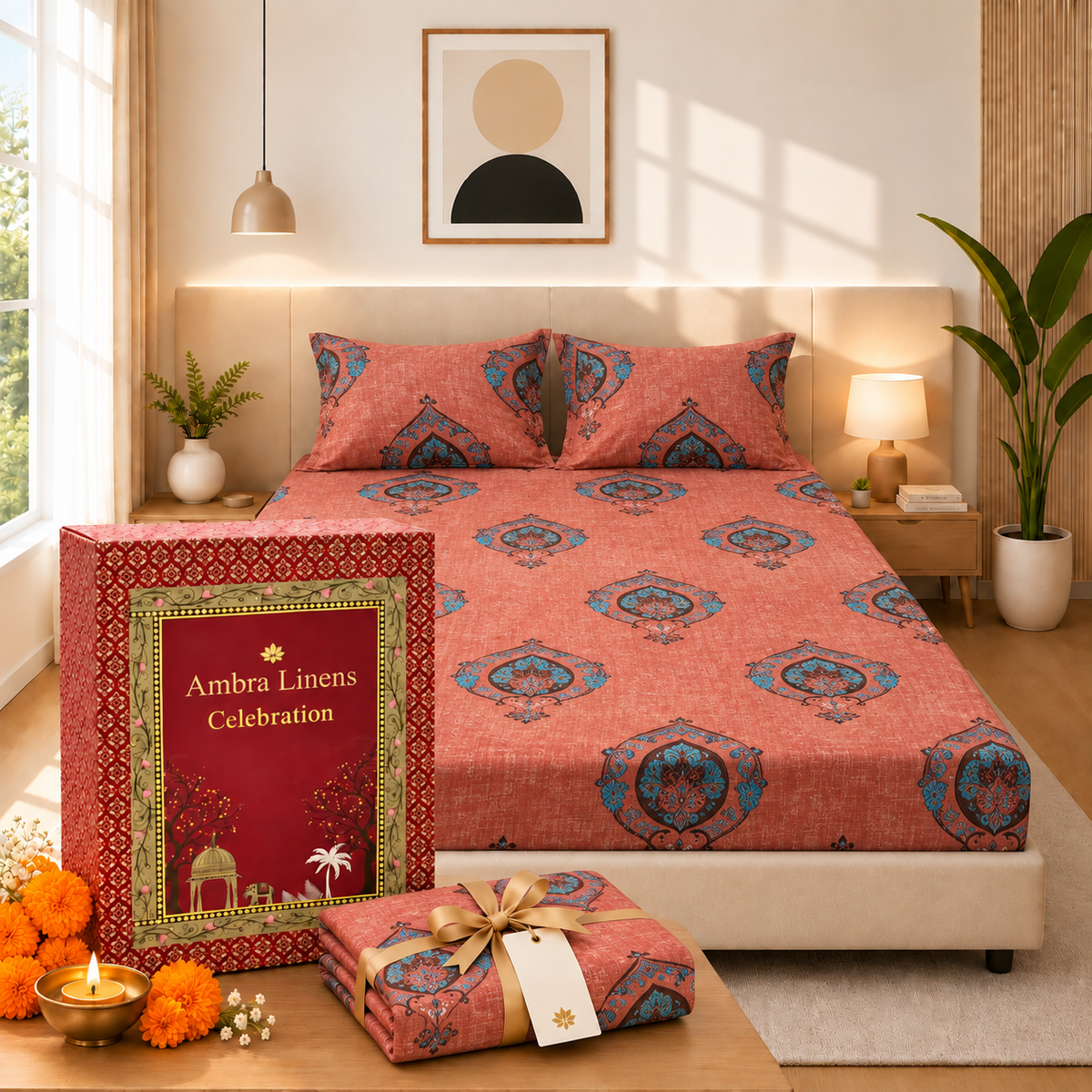 Cotton 300 TC Sateen Coral Pink Colour Bedsheet Set for King Size – Soft, Durable & Long-Lasting