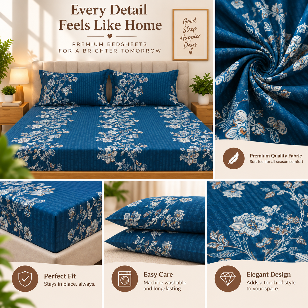 Cotton 300 TC Sateen Navy Blue Colour Bedsheet Set for King Size – Soft, Durable & Long-Lasting