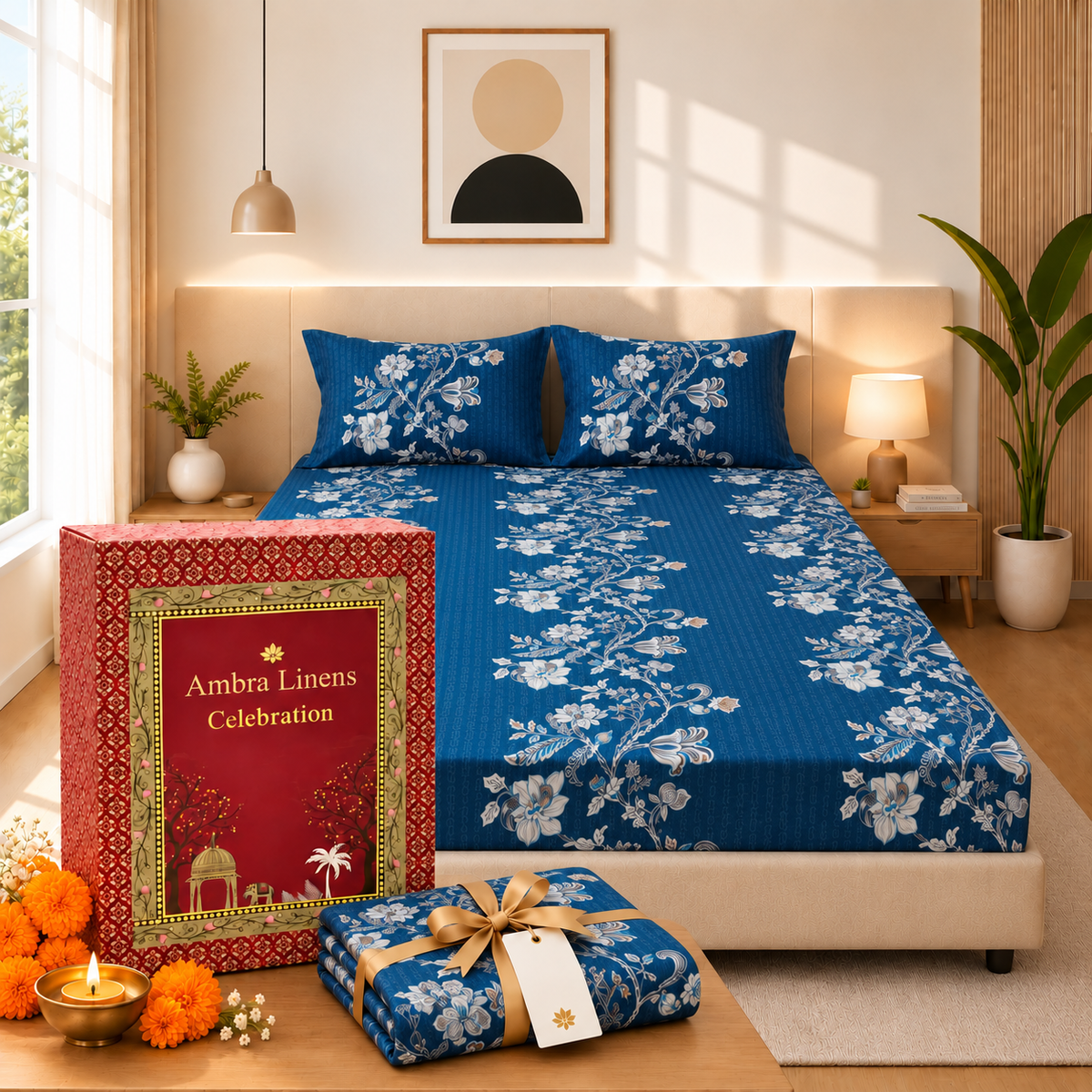 Cotton 300 TC Sateen Navy Blue Colour Bedsheet Set for King Size – Soft, Durable & Long-Lasting