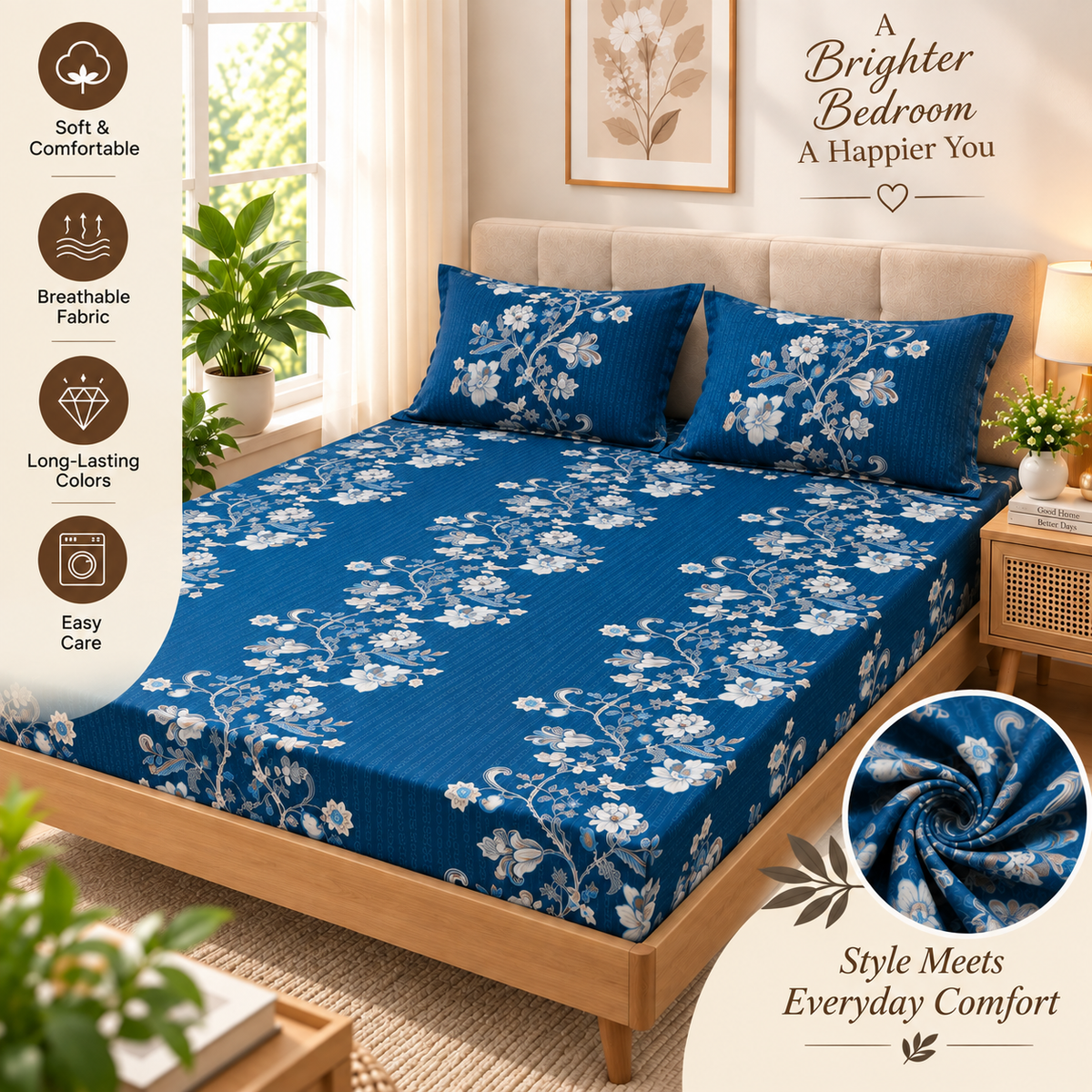 Cotton 300 TC Sateen Navy Blue Colour Bedsheet Set for King Size – Soft, Durable & Long-Lasting