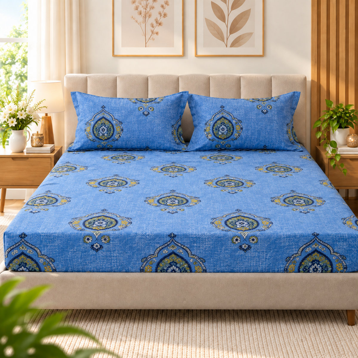 Cotton 300 TC Sateen Blue Colour Bedsheet Set for King Size – Soft, Durable & Long-Lasting