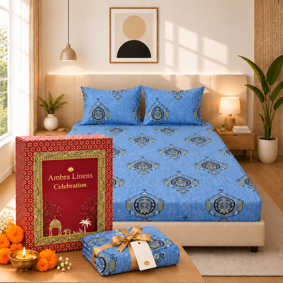 Cotton 300 TC Sateen Blue Colour Bedsheet Set for King Size – Soft, Durable & Long-Lasting
