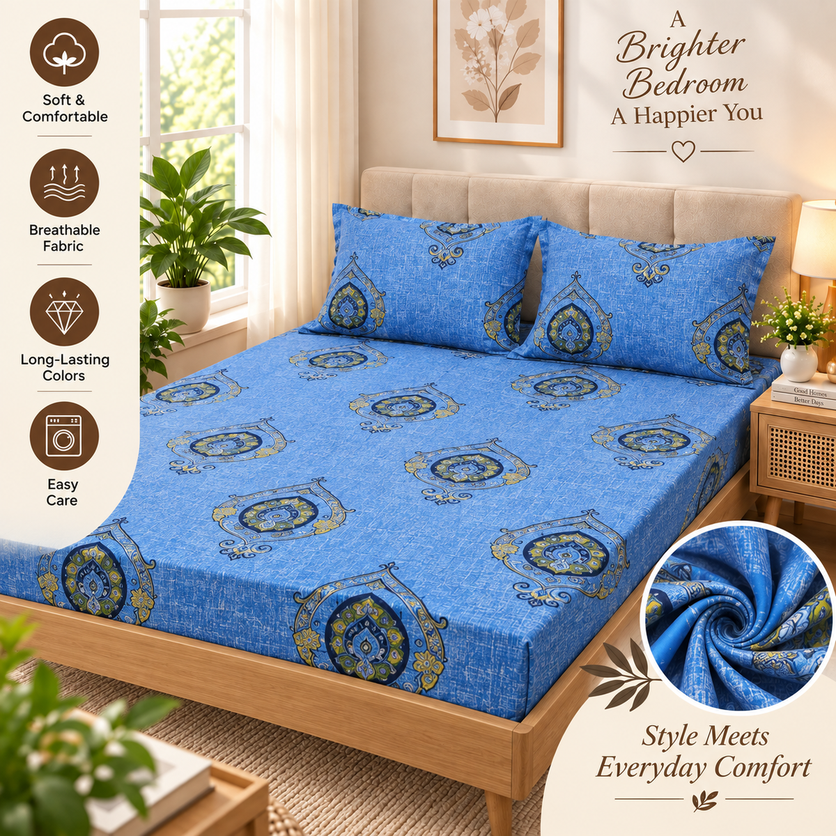 Cotton 300 TC Sateen Blue Colour Bedsheet Set for King Size – Soft, Durable & Long-Lasting