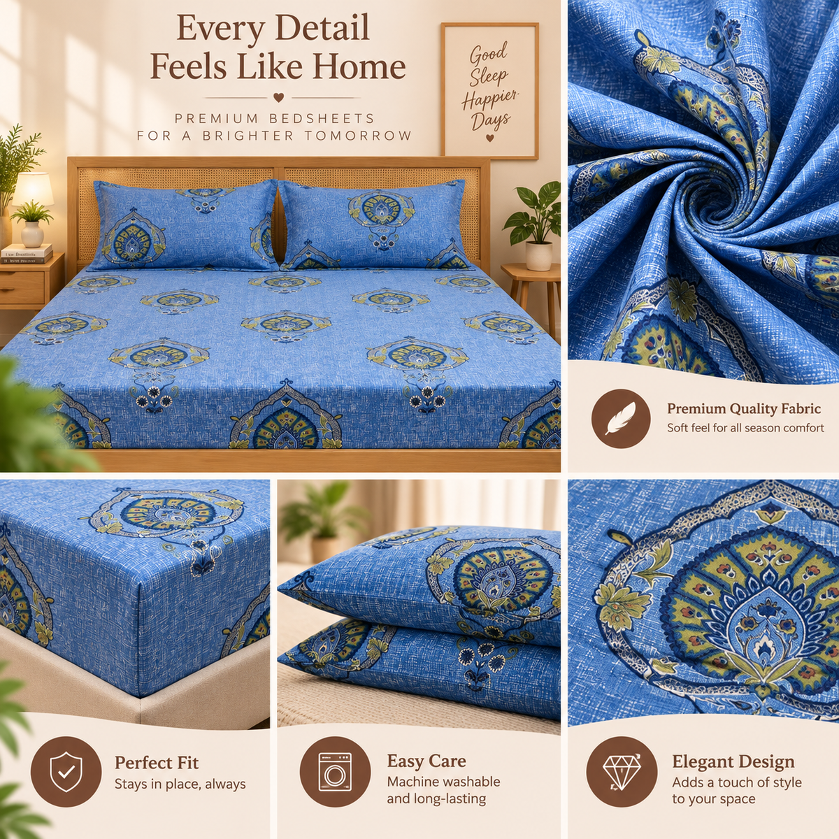 Cotton 300 TC Sateen Blue Colour Bedsheet Set for King Size – Soft, Durable & Long-Lasting