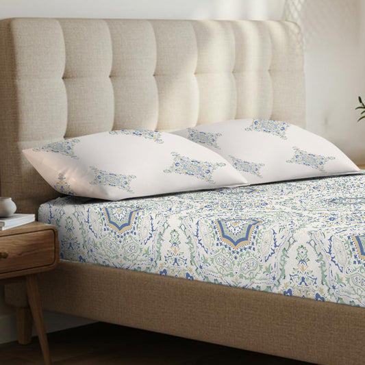 Heritage Mandala Blue Cotton Bedsheet with Pillow Cover (King Size)
