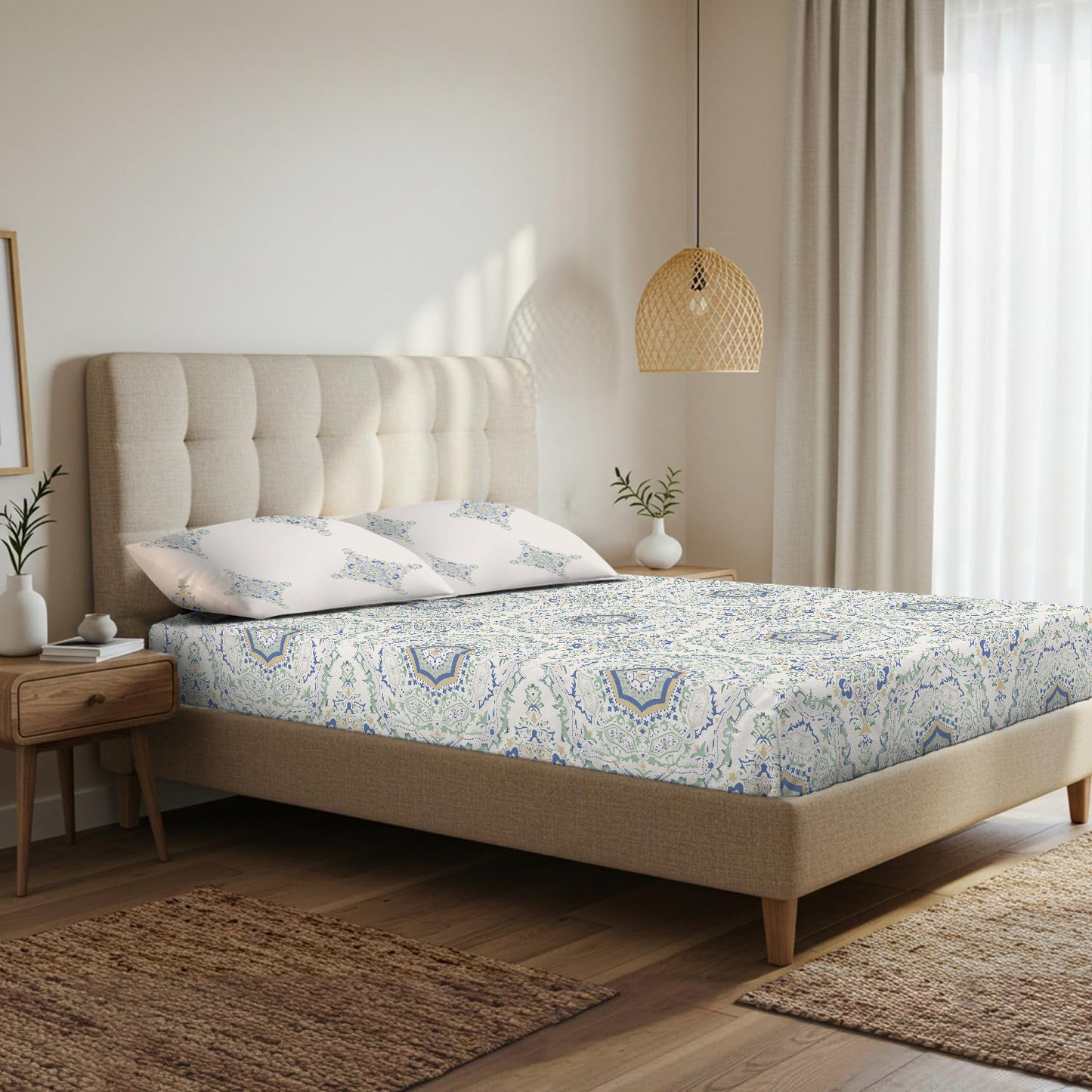 Heritage Mandala Blue Cotton Bedsheet with Pillow Cover (King Size)