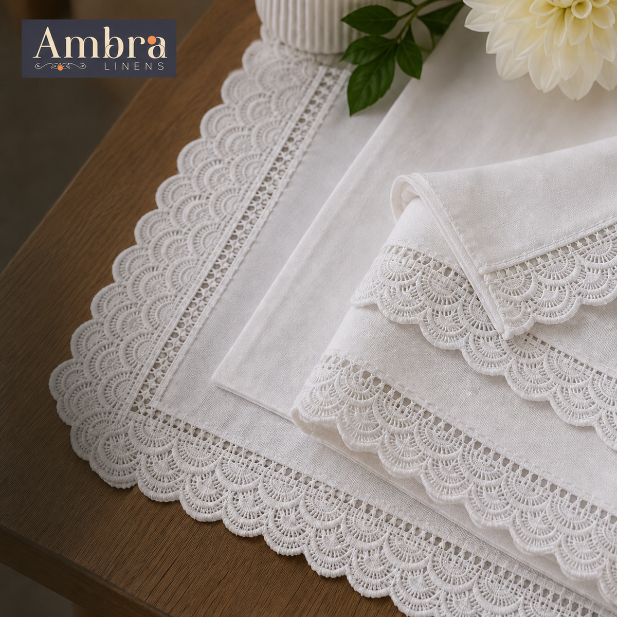 White With Lace 7 Pc - 1 Lace Design Table Linen Set, 6 Placement, 6 Diner Napkins