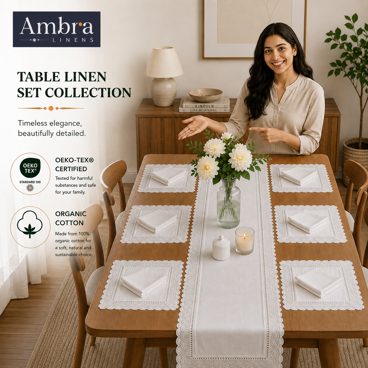 White With Lace 7 Pc - 1 Lace Design Table Linen Set, 6 Placement, 6 Diner Napkins