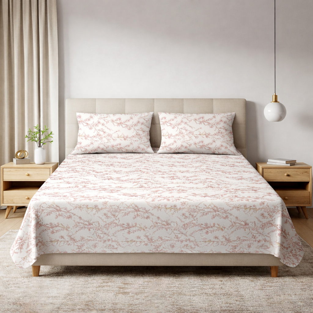 Fresh Bloom Blush Beige Cotton Bedsheet with Pillow Cover (King Size)