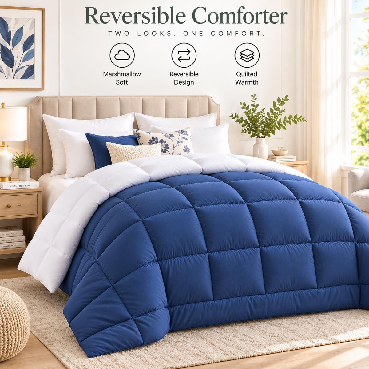 300 GSM Reversible Microfiber White And Navy Blue Comforter – Double Bed | Soft, Fluffy & All-Season