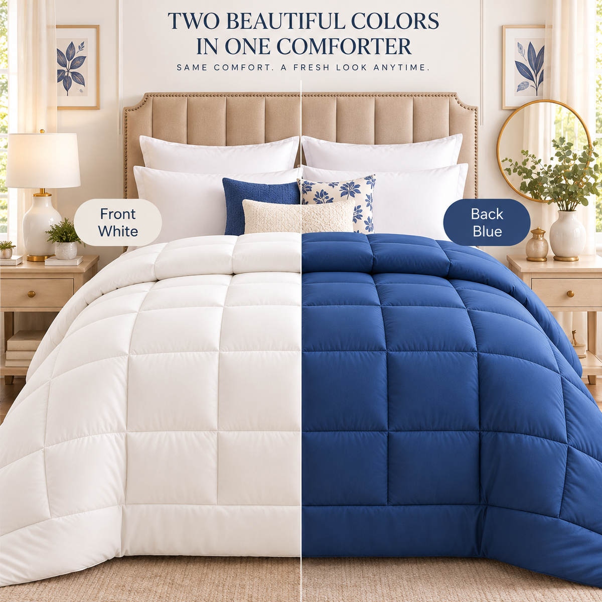 300 GSM Reversible Microfiber White And Navy Blue Comforter – Double Bed | Soft, Fluffy & All-Season