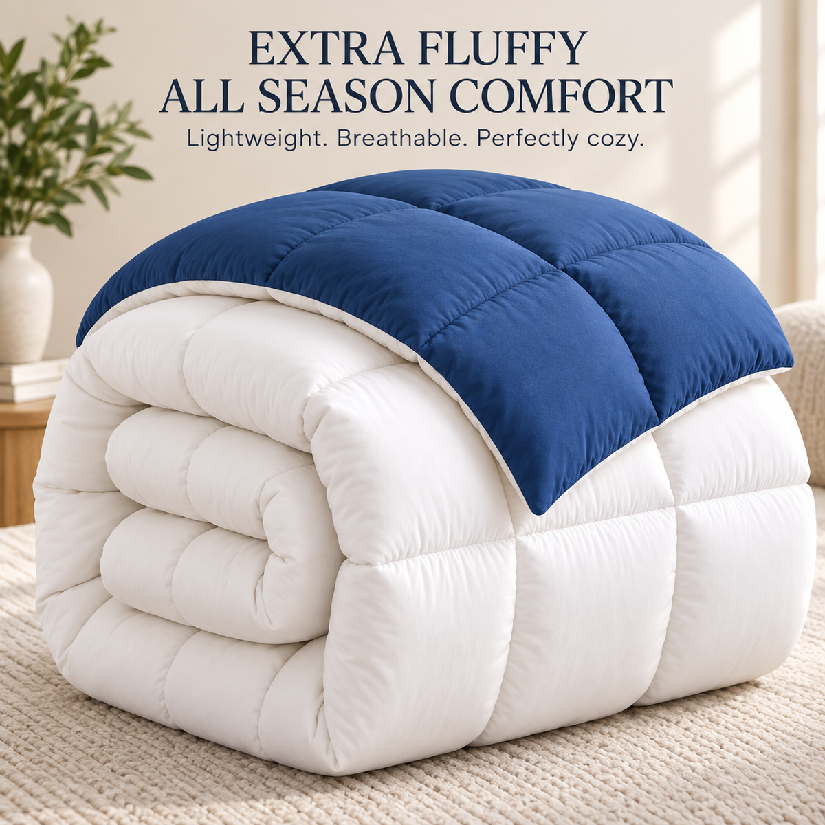 300 GSM Reversible Microfiber White And Navy Blue Comforter – Double Bed | Soft, Fluffy & All-Season