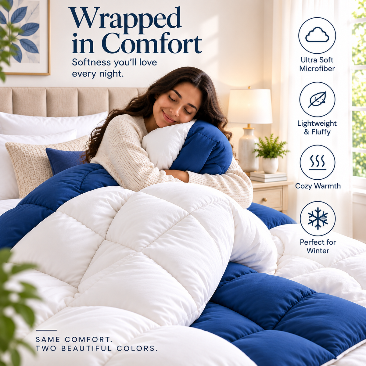 300 GSM Reversible Microfiber White And Navy Blue Comforter – Double Bed | Soft, Fluffy & All-Season