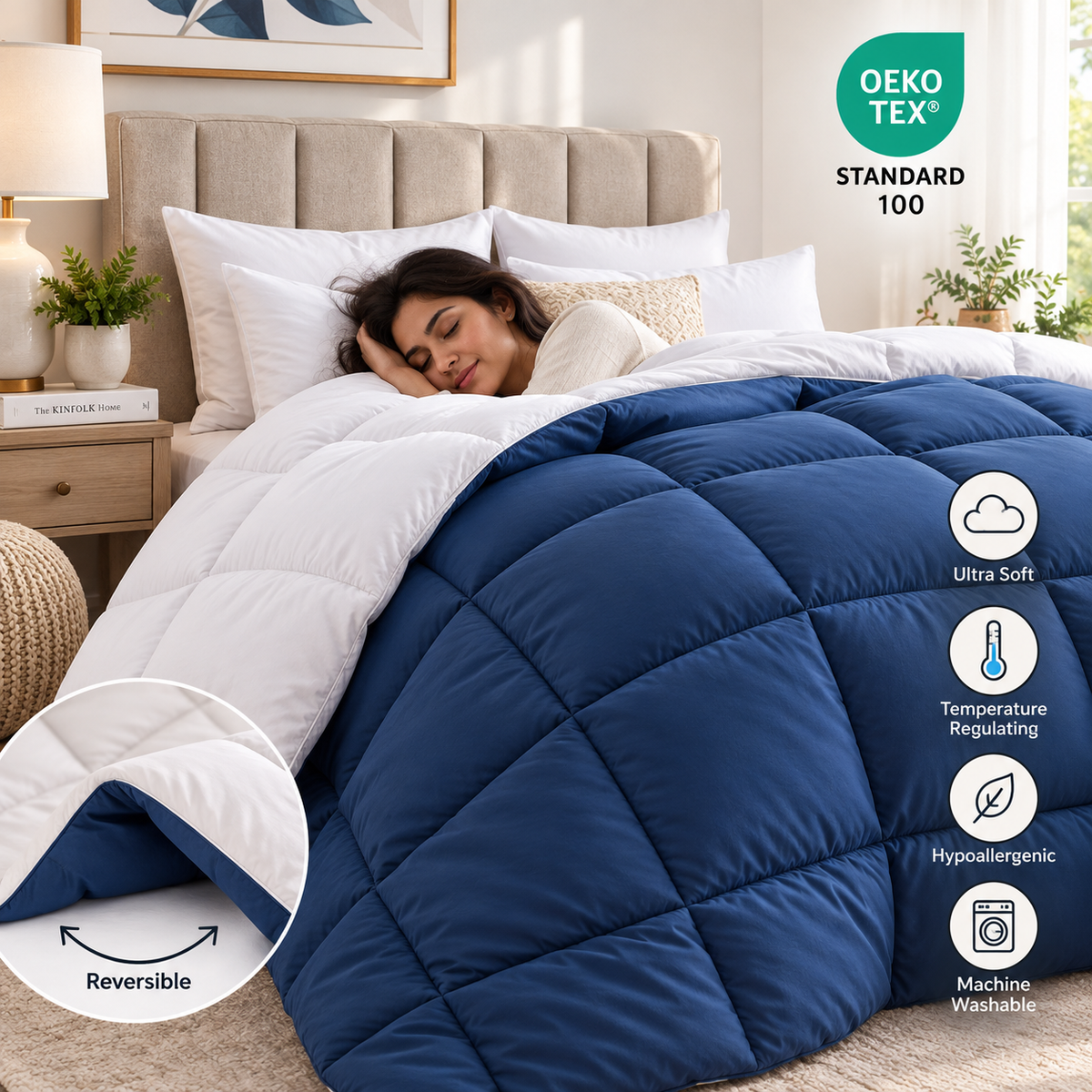 300 GSM Reversible Microfiber White And Navy Blue Comforter – Double Bed | Soft, Fluffy & All-Season