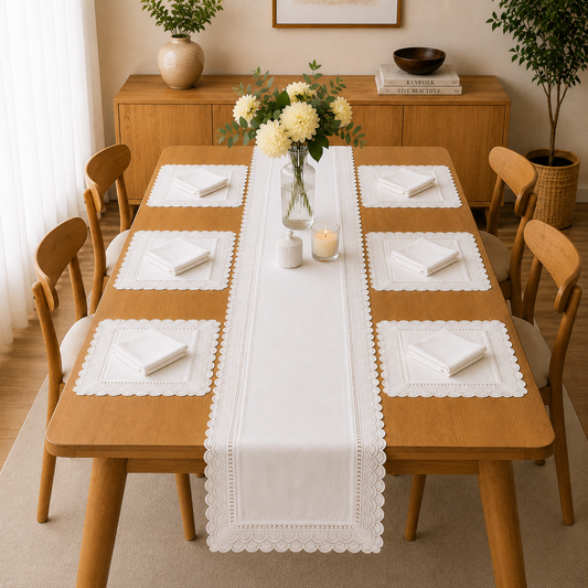 White With Lace 7 Pc - 1 Lace Design Table Linen Set, 6 Placement, 6 Diner Napkins