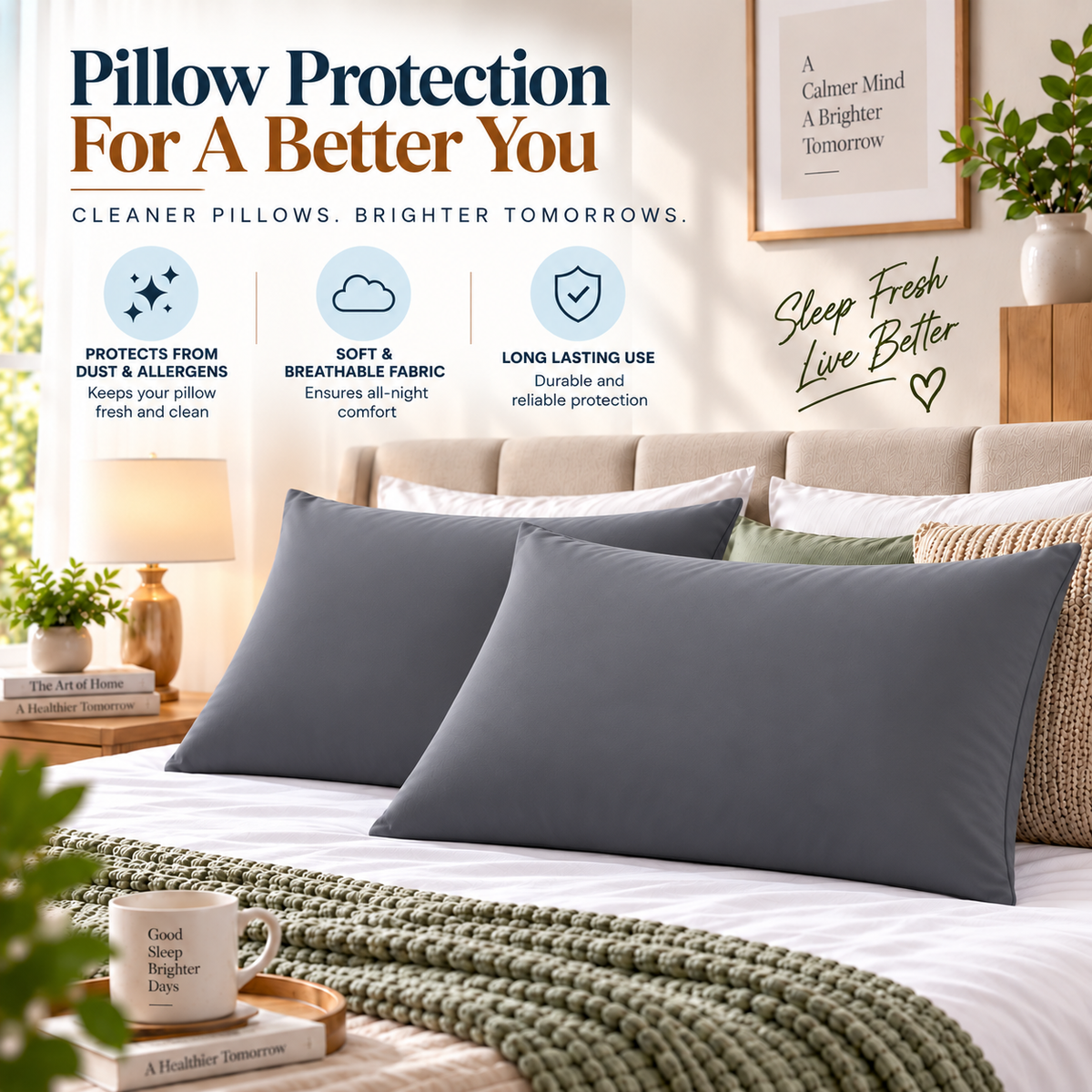 Terry Cotton Pillow Protector - Grey Colour – Waterproof, Soft & Durable
