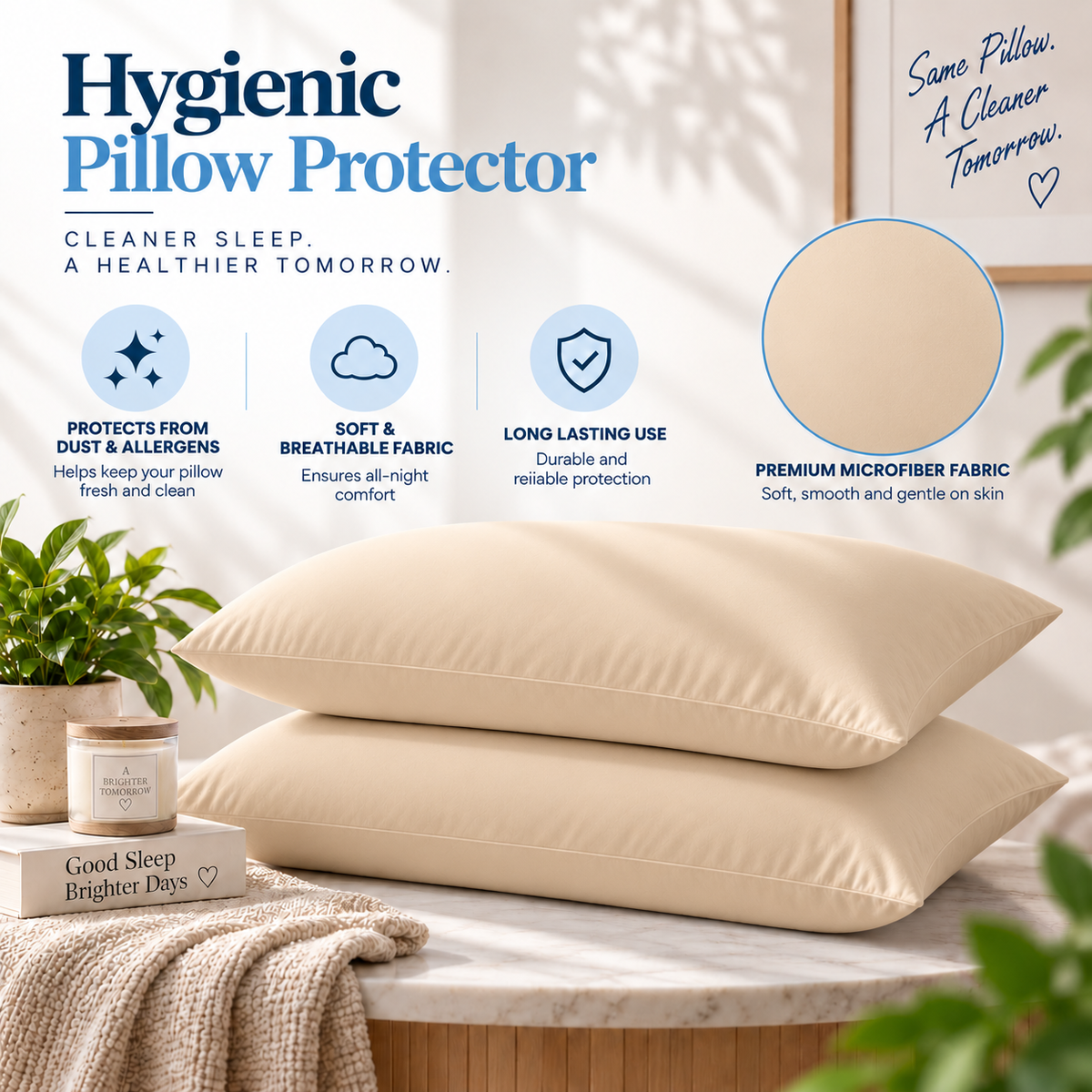 Terry Cotton Pillow Protector - Beige Colour – Waterproof, Soft & Durable