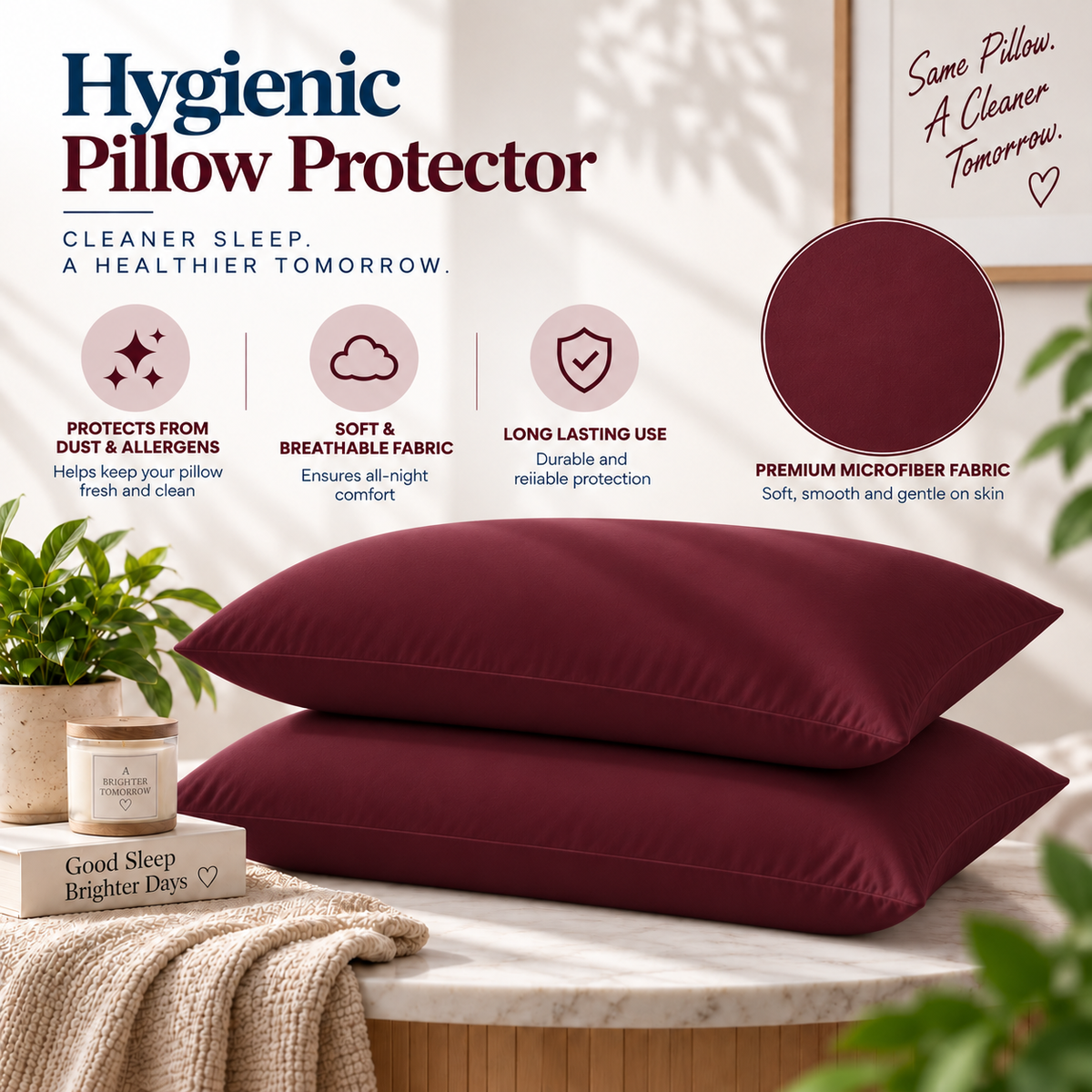 Terry Cotton Pillow Protector - Maroon Colour – Waterproof, Soft & Durable