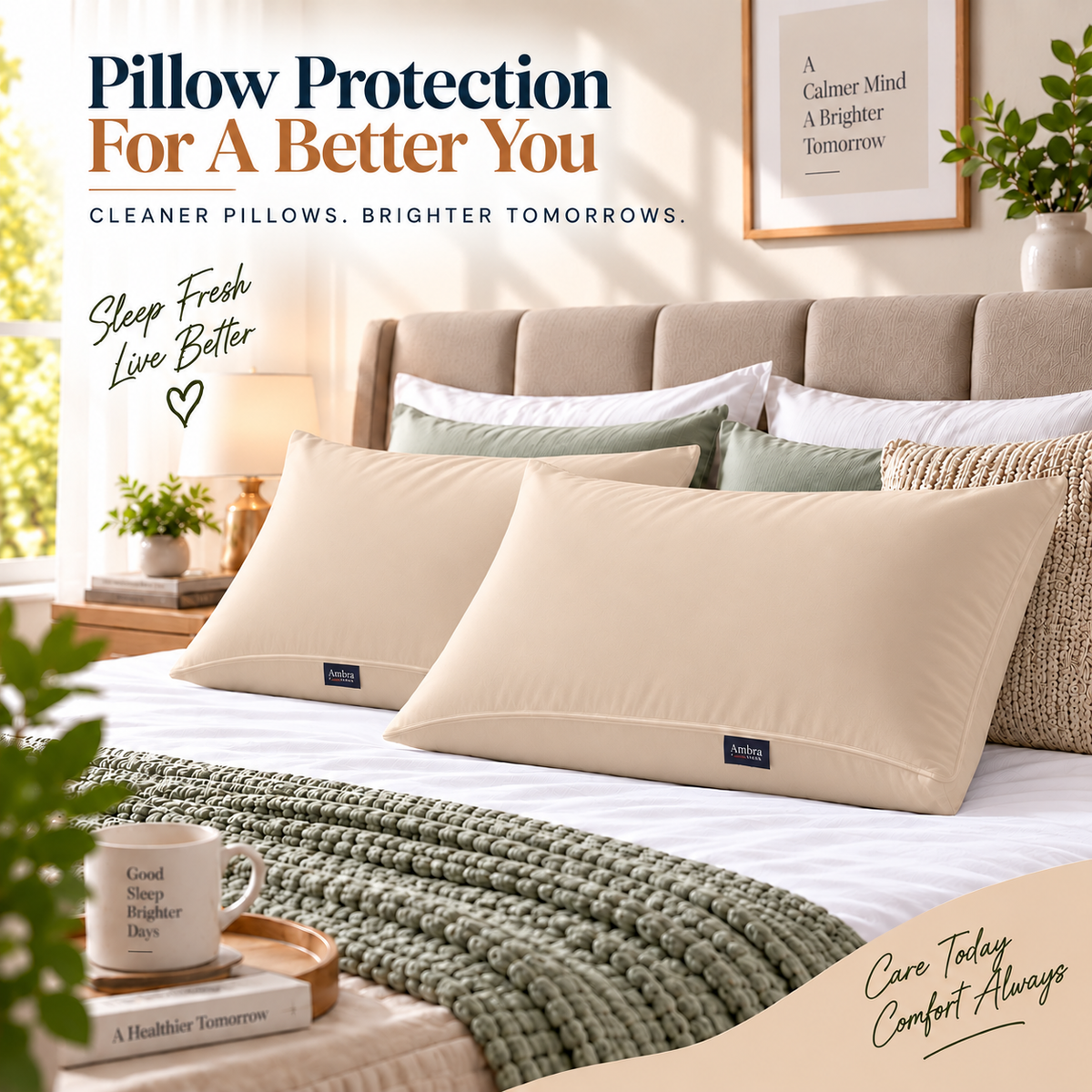 Terry Cotton Pillow Protector - Beige Colour – Waterproof, Soft & Durable