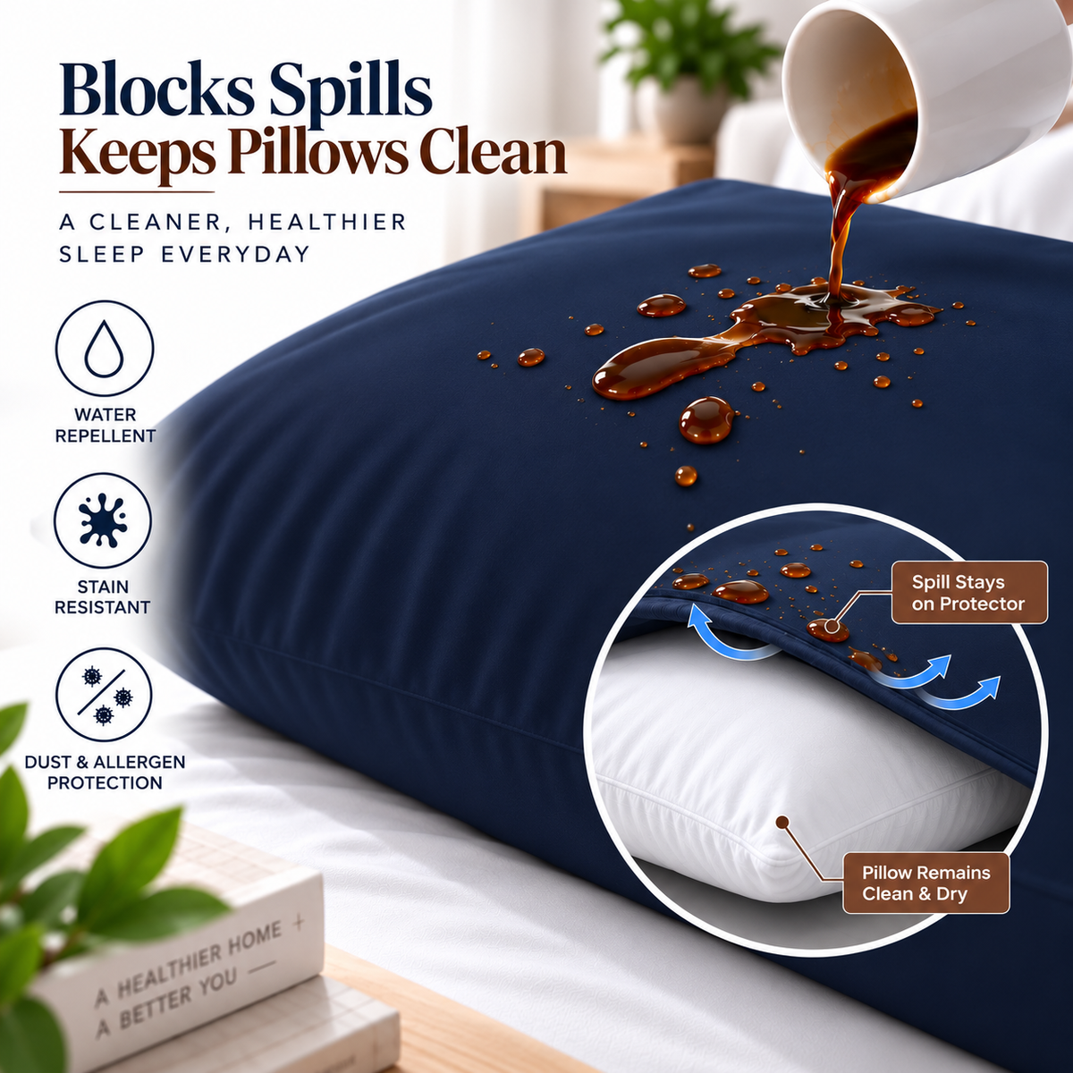 Terry Cotton Pillow Protector - Navy Blue Colour – Waterproof, Soft & Durable