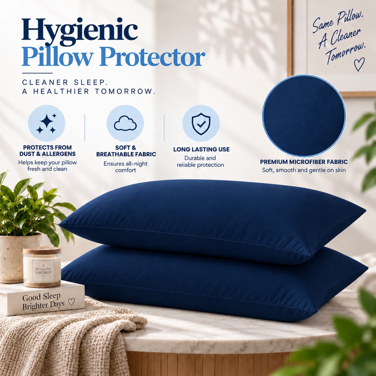Terry Cotton Pillow Protector - Navy Blue Colour – Waterproof, Soft & Durable