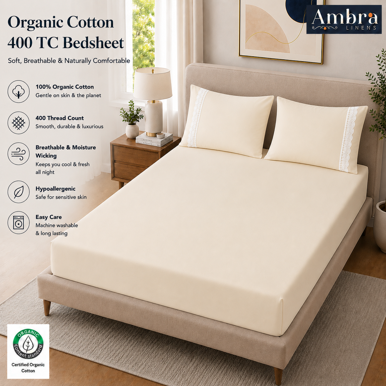 400 Thread Count 100% Organic Cotton Lace Style Classic Ivory Premium Bedsheet King Size