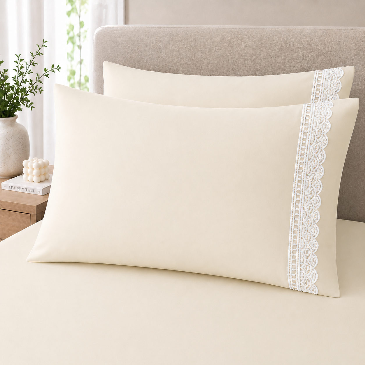 400 Thread Count 100% Organic Cotton Lace Style Classic Ivory Premium Bedsheet King Size