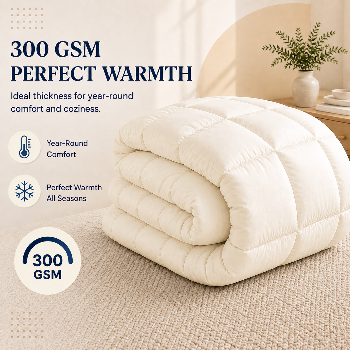 Solid Cream Microfiber Comforter – 300 GSM All-Season AC Comforter & Blanket