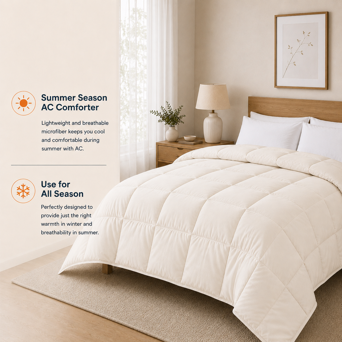Solid Cream Microfiber Comforter – 220 GSM All-Season AC Comforter & Blanket