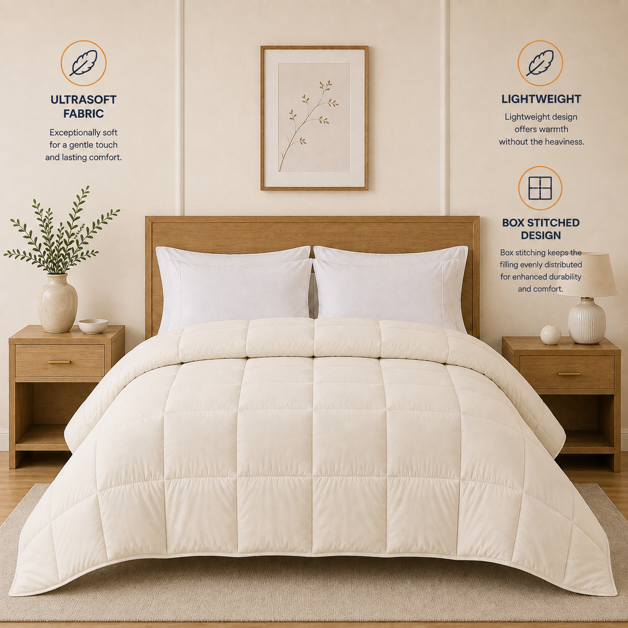 Solid Cream Microfiber Comforter – 220 GSM All-Season AC Comforter & Blanket