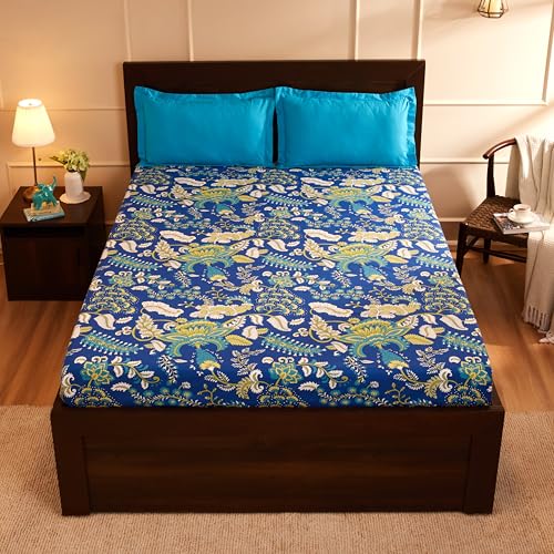 Blue Floral Printed Queen Flat Bedsheet with 2 Pillow Covers