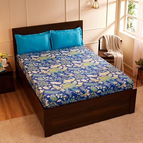 Blue Floral Printed Queen Flat Bedsheet with 2 Pillow Covers