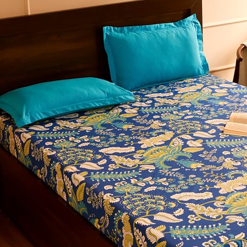 Blue Floral Printed Queen Flat Bedsheet with 2 Pillow Covers