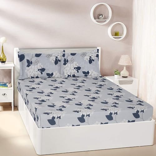 Grey Floral Printed Queen Flat Bedsheet with 2 Pillow Covers