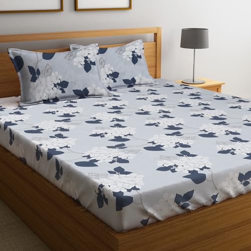 Grey Floral Printed Queen Flat Bedsheet with 2 Pillow Covers