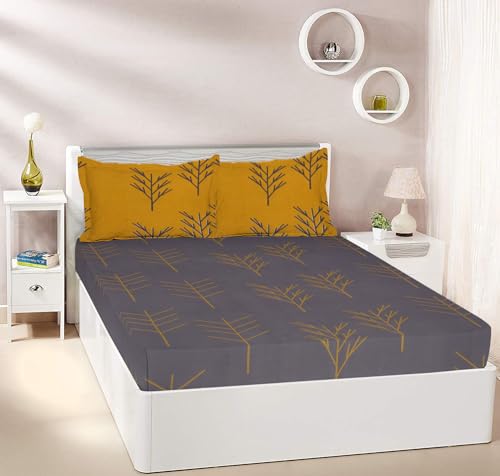 Grey & Mustard Tree Printed Queen Flat Bedsheet with 2 Pillow Covers