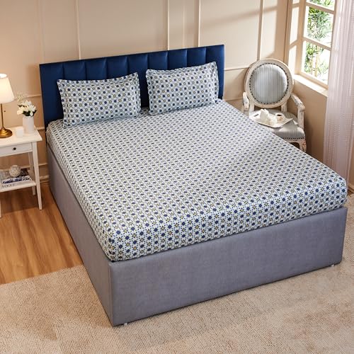 Blue Geometric Printed Queen Flat Bedsheet with 2 Pillow Covers
