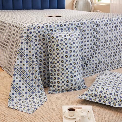 Blue Geometric Printed Queen Flat Bedsheet with 2 Pillow Covers