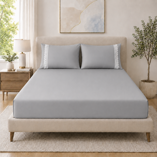 400 Thread Count 100% Organic Cotton Lace Style Grey Mist Premium Bedsheet King Size