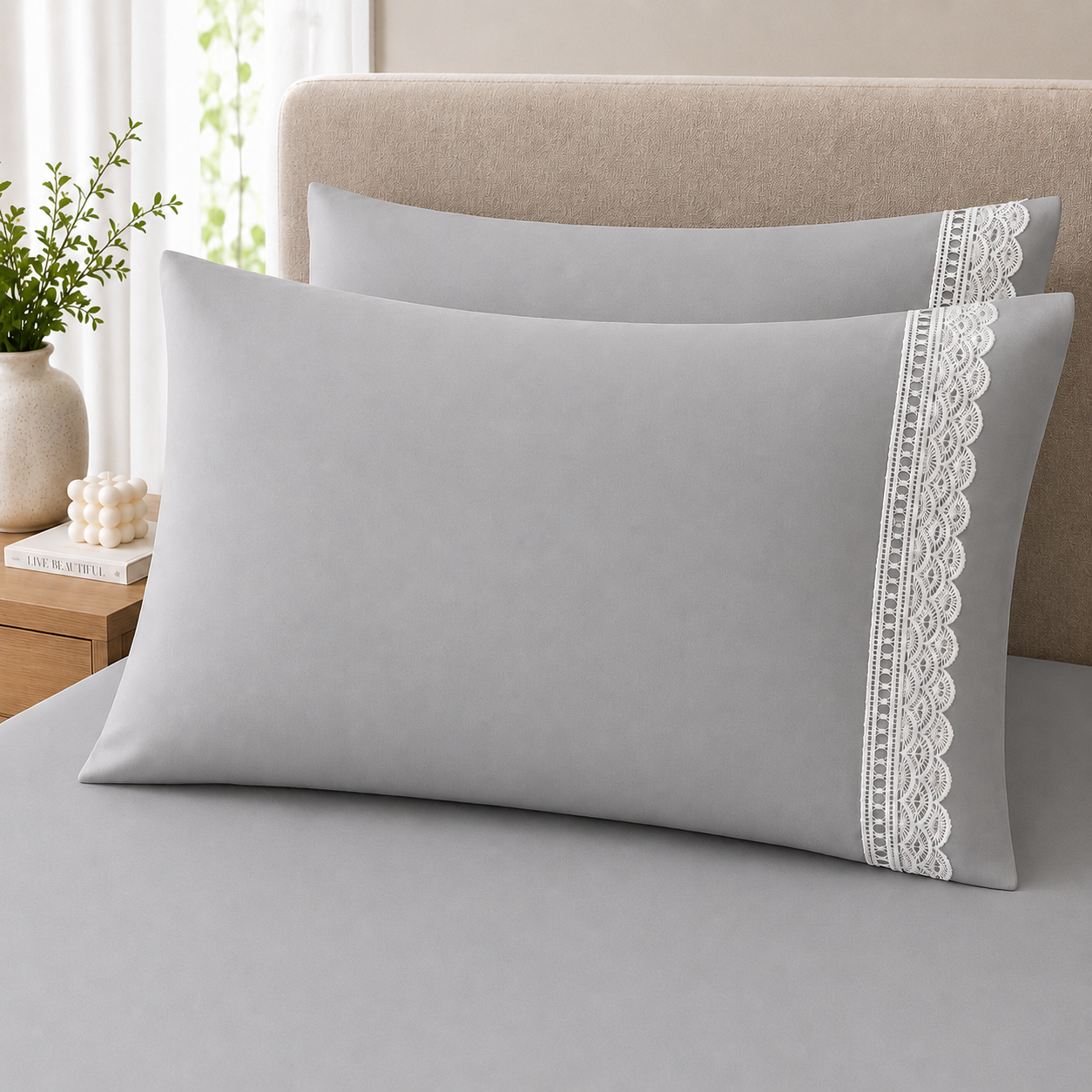 400 Thread Count 100% Organic Cotton Lace Style Grey Mist Premium Bedsheet King Size