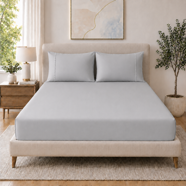 400 Thread Count 100% Organic Cotton Fagoting Style Grey Mist Premium Bedsheet King Size