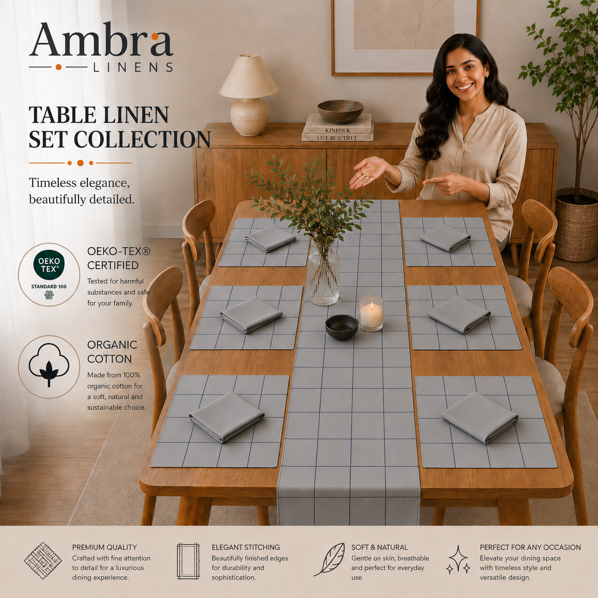 Grey Mist & Navy 7-Piece Table Linen Set | Minimalist Grid Design | 6 Placemats & 6 Dinner Napkins