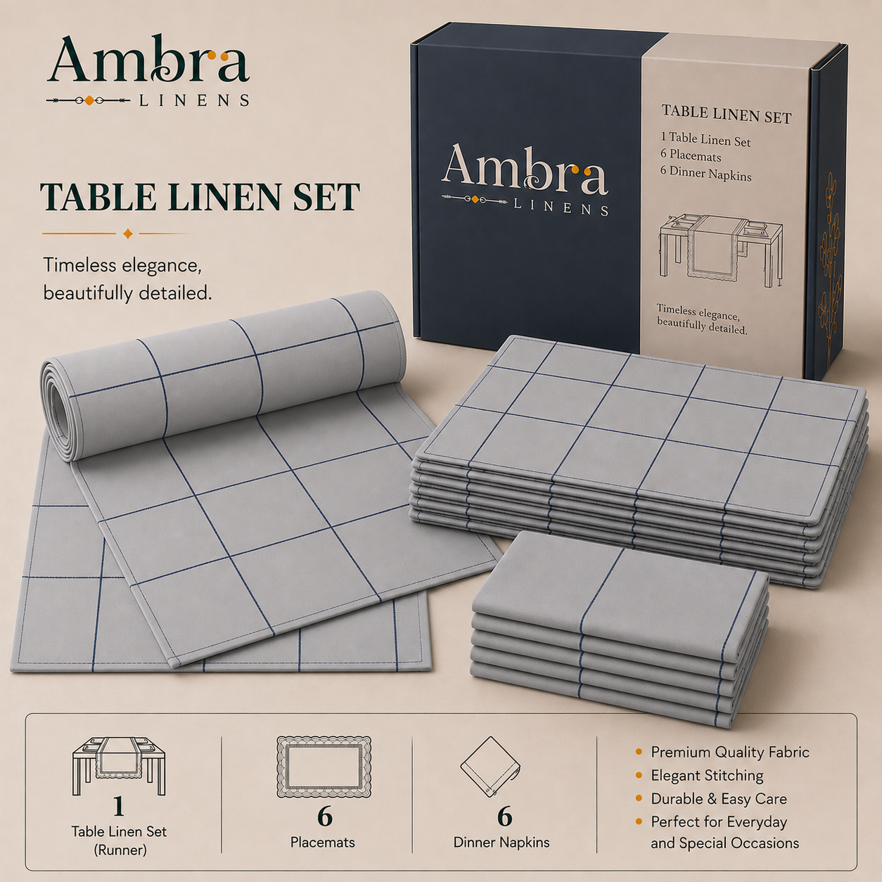 7 Pc - 1 Minimalist Grid Design Table Linen Set, 6 Placement, 6 Diner Napkins
